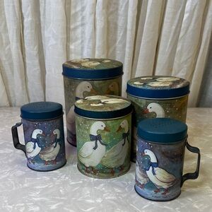 Vintage Metal Canister Set of 3 Christmas Geese Ducks with matching S/P Shakers